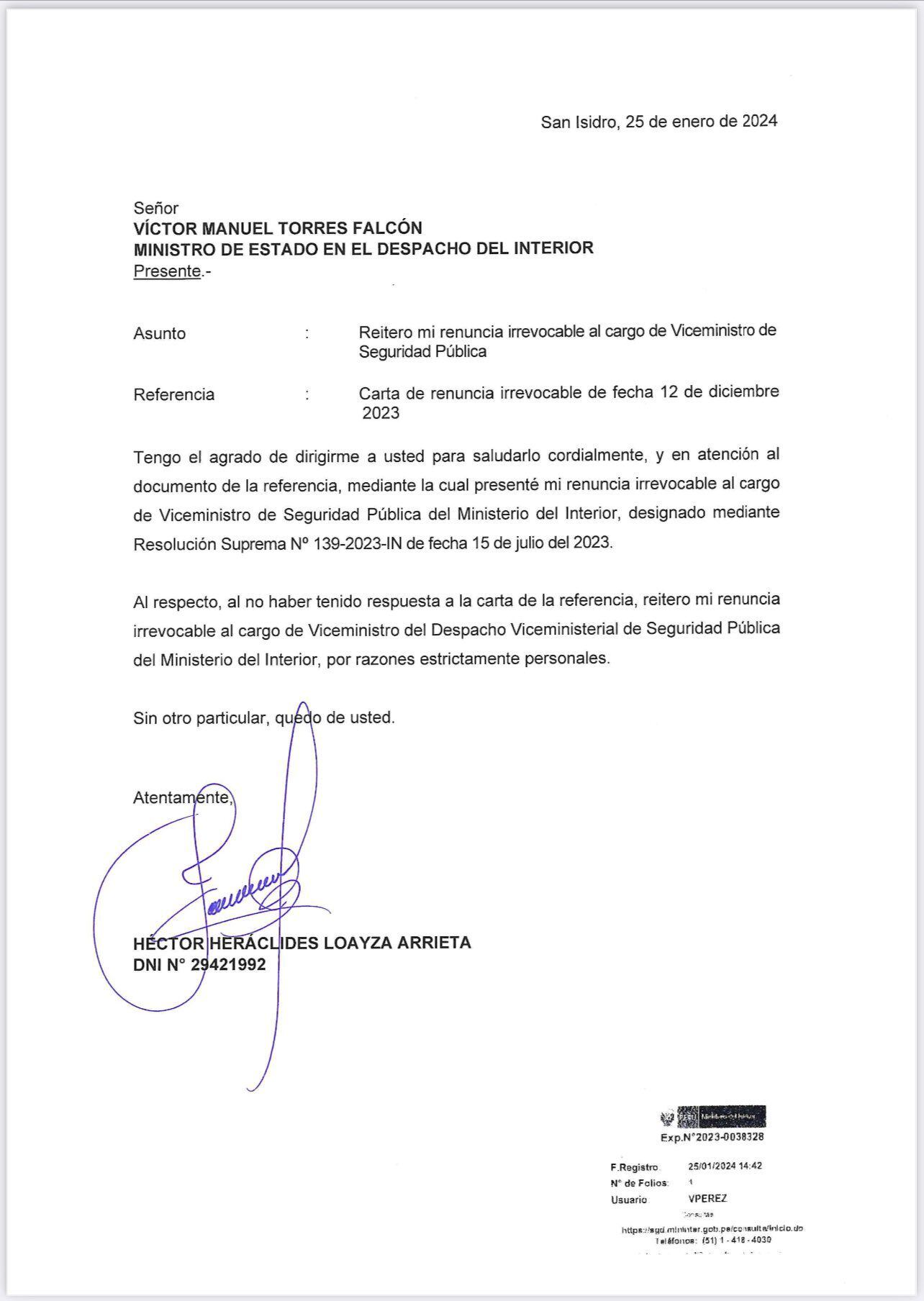 Carta de renuncia remitida al titular del Ministerio del Interior.