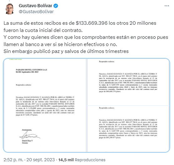 El candidato a la Alcaldía de Bogotá Gustavo Bolívar compartió las capturas de pantalla de las transacciones que le realizó a la familia Bruno Díaz - crédito @GustavoBolivar/X