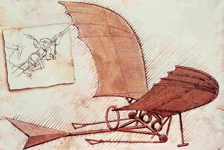 El boceto del ornitóptero o la máquina de volar de Leonardo da Vinci