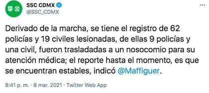 Secretaría de Seguridad Ciudadana actualizó el saldo de personas lesionadas durante las manifestaciones de 8M (Foto: Captura de pantalla/Twitter/@SSC_CDMX)