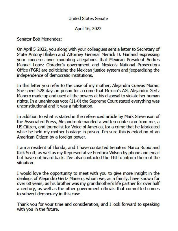 La carta que Alonso Castillo, hijo de Alejandra Cuevas, envió a senadores de EEUU (Cortesía)