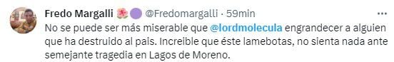 El periodista Carlos Pozos, conocido como Lord Molécula, fue criticado en redes por sus comentarios hacia el presidente López Obrador. (TW/Fredomargalli)