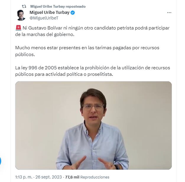 El senador Uribe Turbay advirtió que ningún candidato petrista podrá participar en la marchas del 27 de septiembre - crédito @migueluribet/X
