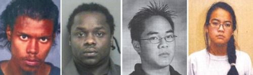 De izquieda a derecha: David Mylvaganam, Erick Carty, Daniel Wong, Jennifer Pan, condenados por asesinar a los padres de la chica