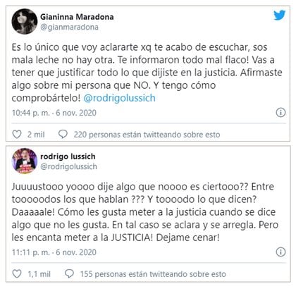 Los mensajes cruzados de Gianinna Maradona y Rodrigo Lussich en Twitter