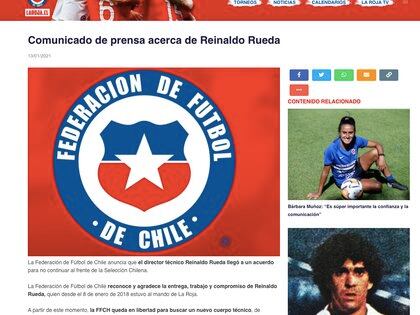 Comunicado de prensa oficial sobre la no continuidad de Reinaldo Rueda a cargo de la dirección técnica de la Selección de Fútbol de Chile / (Laroja.cl).