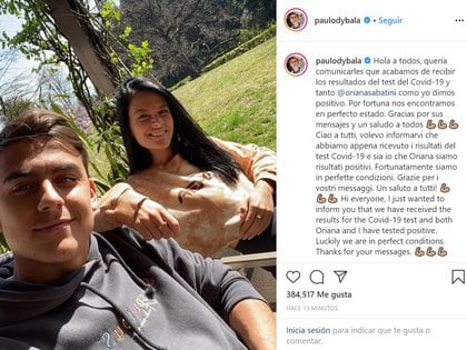 Paulo Dybala y Oriana Sabatini dieron positivo de coronavirus: “Por fortuna  nos encontramos en perfecto estado” - Infobae