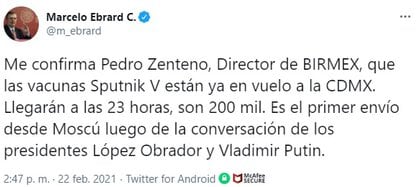 El anuncio de Ebrard sobre el próximo arribo de vacunas rusas