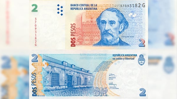 El billete de dos pesos cuenta con la imagen de Bartolomé Mitre en su anverso, y en su reverso, el Museo Mitre (BCRA)