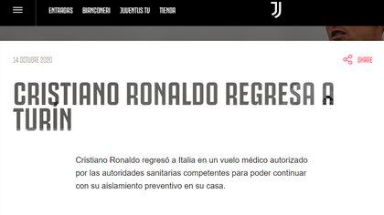El comunicado de Juventus sobre el viaje el regreso de Cristiano Ronaldo a Italia