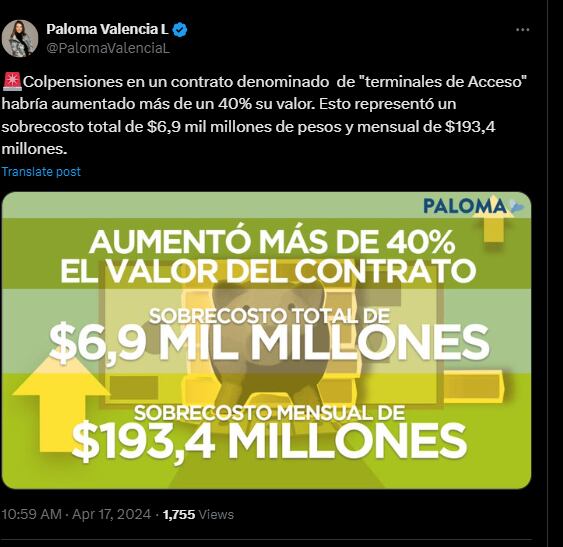 Contrato con terminales de acceso tendría sobrecostos de 40%, según la senadora Paloma Valencia - crédito @PalomaValenciaL/X