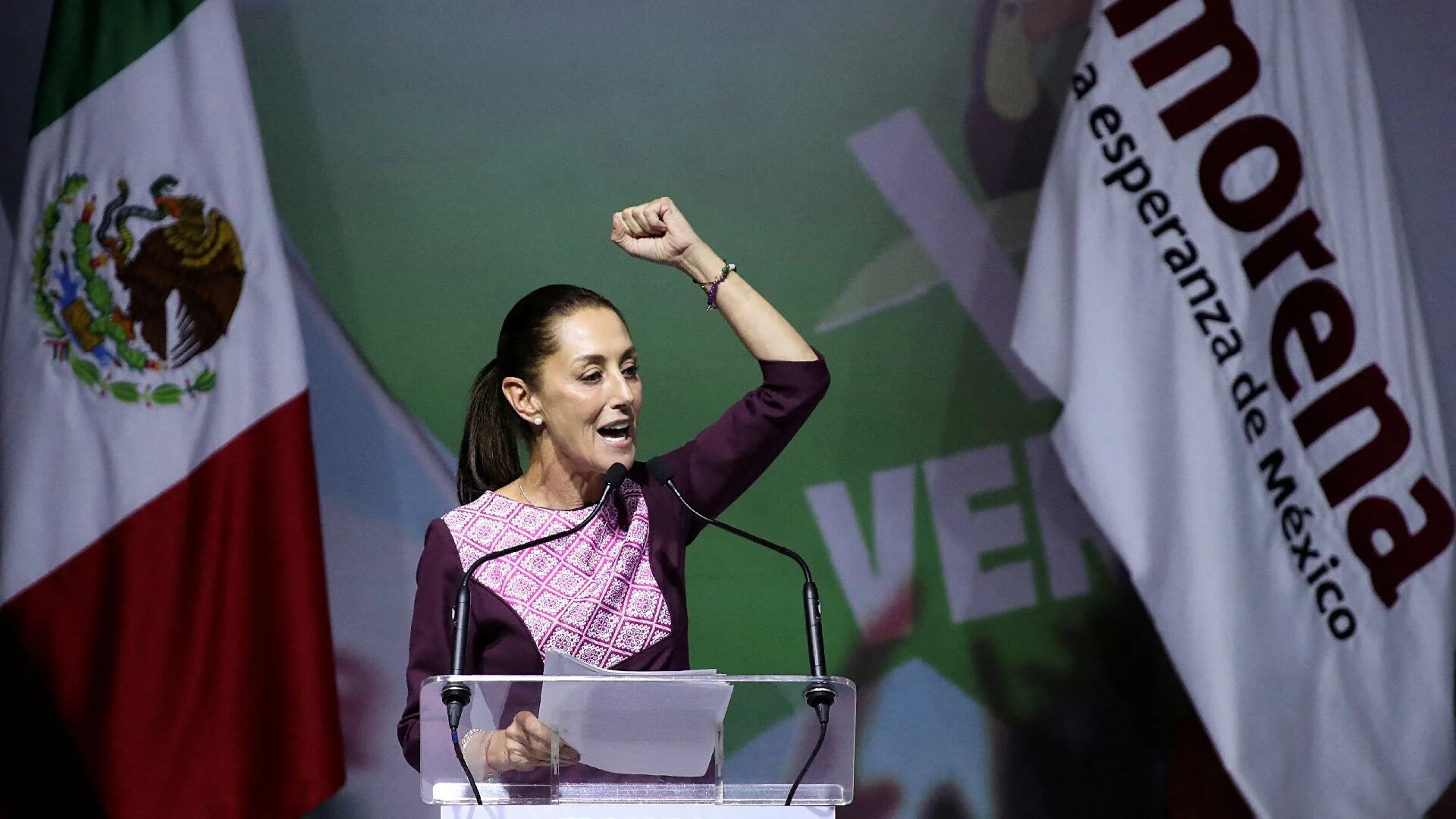 Former Mexico City Mayor Claudia Sheinbaum gestures as she speaks on the day she is certified as presidential candidate for the ruling National Regeneration Movement (MORENA) party during a ceremony, in Mexico City, Mexico September 10, 2023. REUTERS/Henry Romero