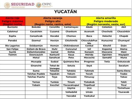 Alertas en Yucatán a las 13:00 horas del 6 de octubre, por el paso del huracán Delta, según el Sistema Nacional de Protección Civil (Foto: Twitter @CNPC_MX)