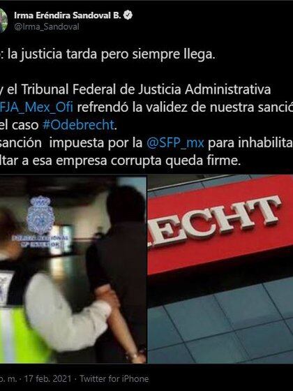 Con este tuit, Irma Eréndira Sandoval dio a conocer la noticia sobre la confirmación de la sanción contra Odebrecht (Foto: Twitter@/Irma/Sandoval)