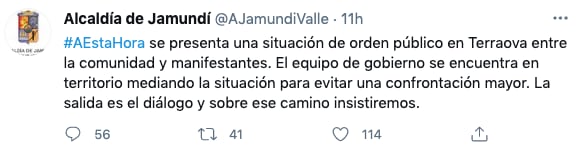 La Alcaldía de Jamundí comunicaba que en la noche de este martes 25 de mayo se presentan confrontaciones en el municipio. Pantallazo.