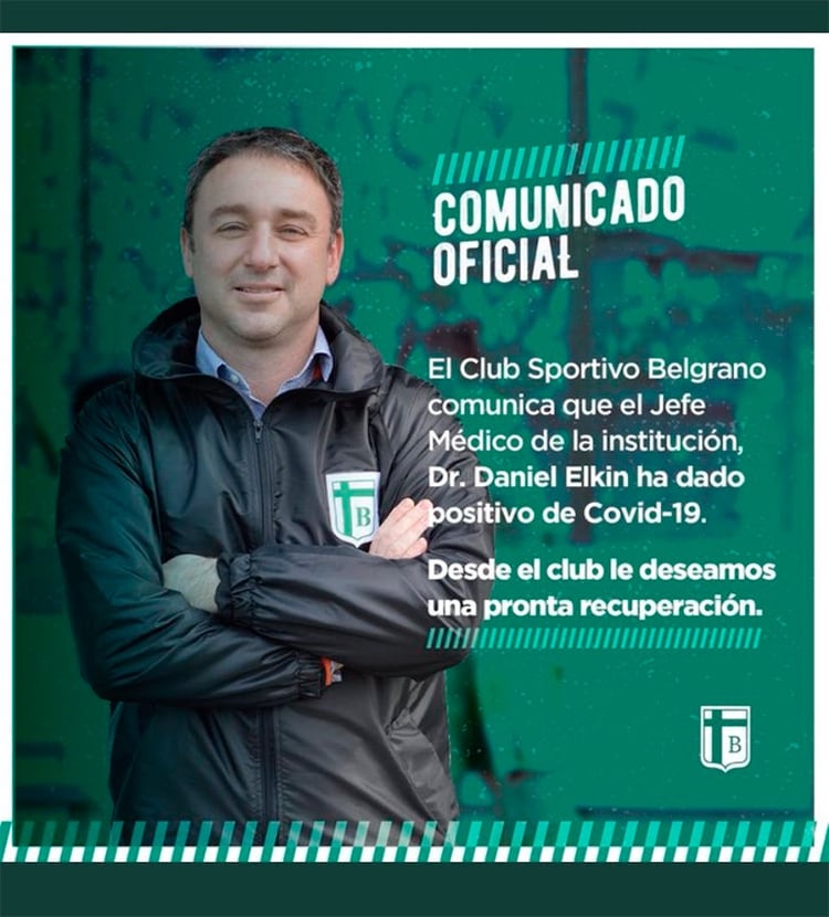 El comunicado que emitió Sportivo Belgrano con el anunció del positivo de coronavirus del doctor Daniel Elkin