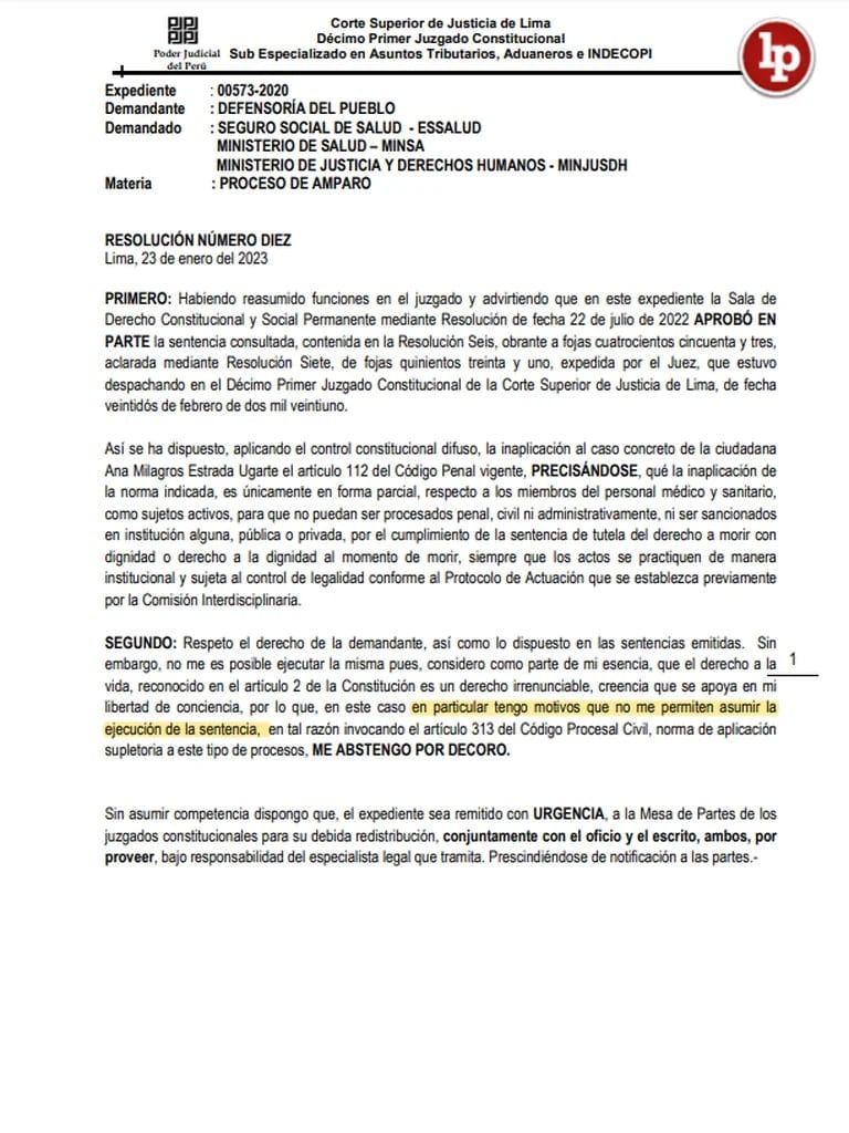 Resolución de jueza Silvia Nuñez Riva en contra de la aplicación de sentencia de eutanasia a favor de Ana Estrada. Foto: LP | Pasión por el Derecho