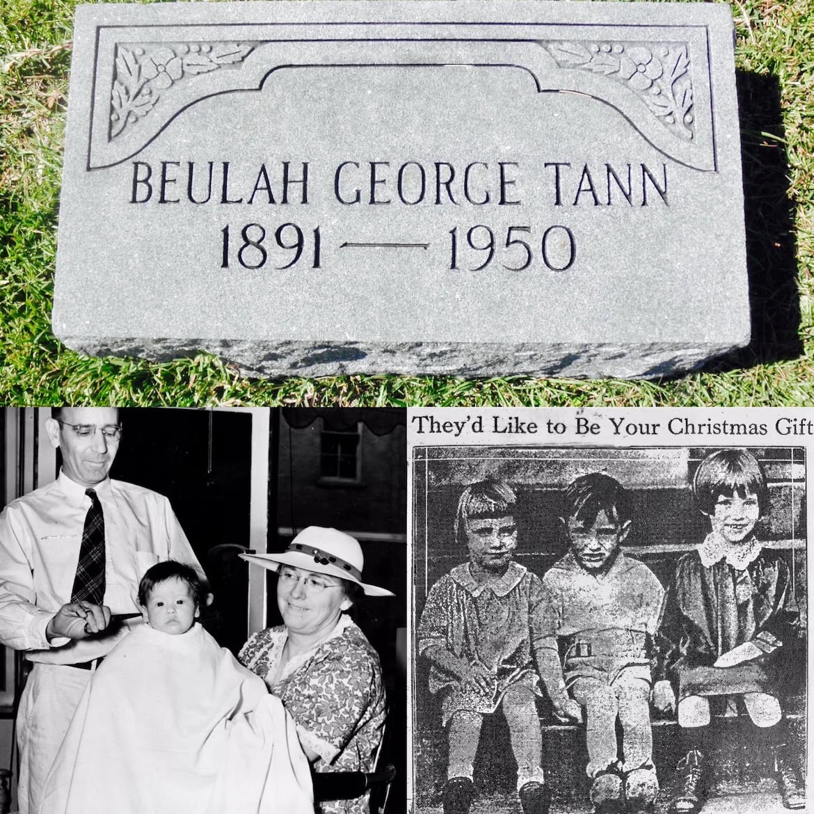 Imagen de la tumba de Tann, quien moriría de cáncer de útero en 1950. Debajo, preparando a un niño para darlo en adopción y a la derecha un anuncio navideño que motivaba a adoptar un niño como regalo festivo
