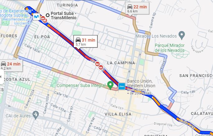 Poco flujo vehícular en la avenida Suba debido a un accidente de tránsito - crédito Google Maps