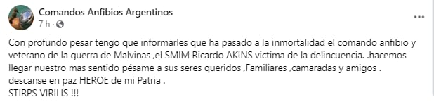 Mensaje del Comando Anfibios sobre la muerte de Ricardo Akins (Captura: Facebook)
