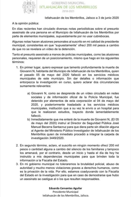 Carta del presidente municipal respecto al caso Giovanni (Foto: Twitter / @Eduardo74416222)