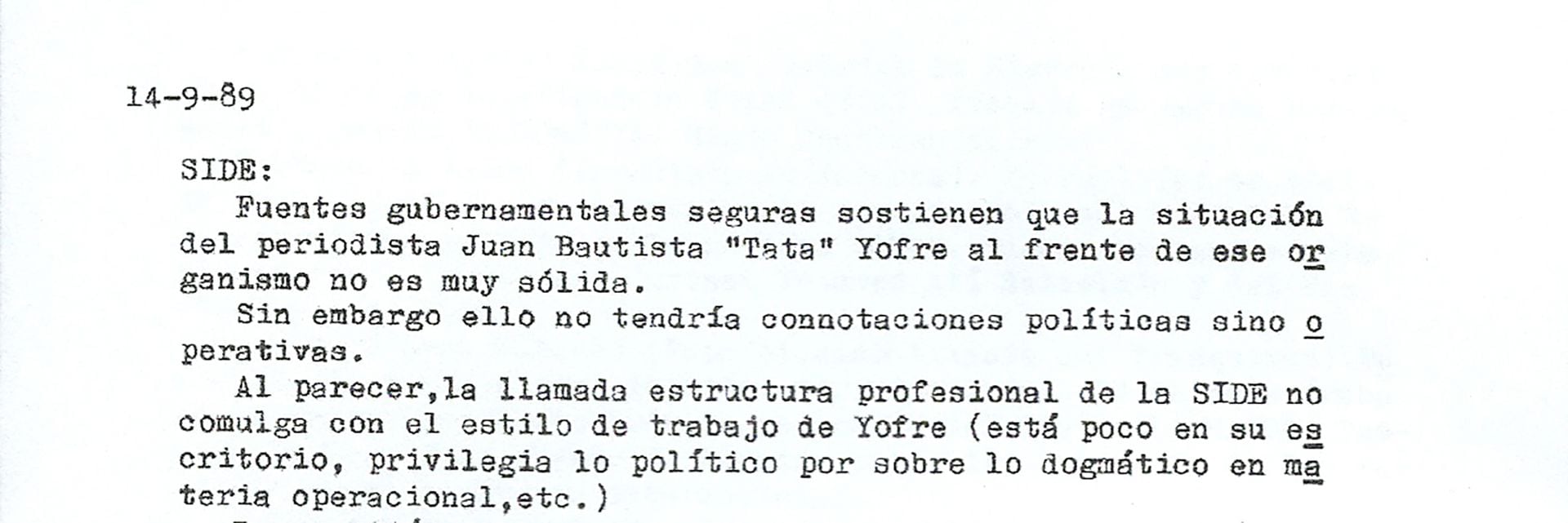 Uno de los informes sobre Yofre en 1989