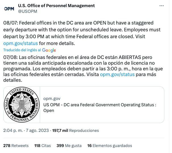 Oficina de personal de EEUU anunció cierre de oficinas desde las 15 horas por eventual tornado