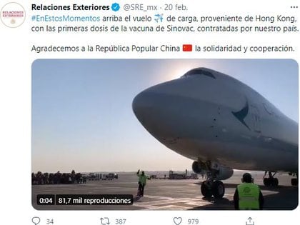 Hasta ahora México es el único país que cuenta con dos vacunas chinas (Foto: Twitter/@SRE_Mx)