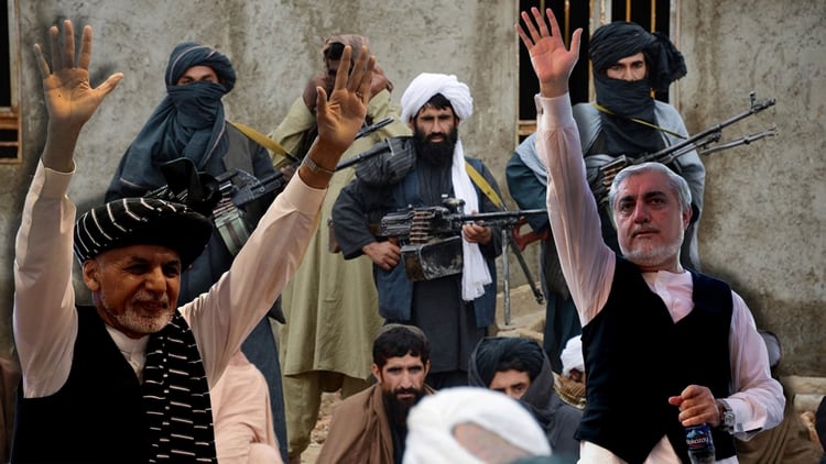 El collage afgano. El presidente afgano Ashraf Ghani y el candidato opositor Abdullah Abdullah se disputan el poder en un ajustado resultado de las últimas elecciones. Los talibanes, detrás de la escena, observan y esperan su momento.