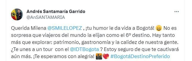 El director del Instituto de Turismo de Bogotá se pronunció sobre la polémica por los comentarios de Milena López - crédito @AnSANTAMARIA/X