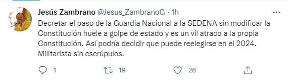 El dirigente del Sol Azteca declaró que el paso de la GN a la Sedena “huele a golpe de estado” (Foto: Twitter/@Jesus_ZambranoG)