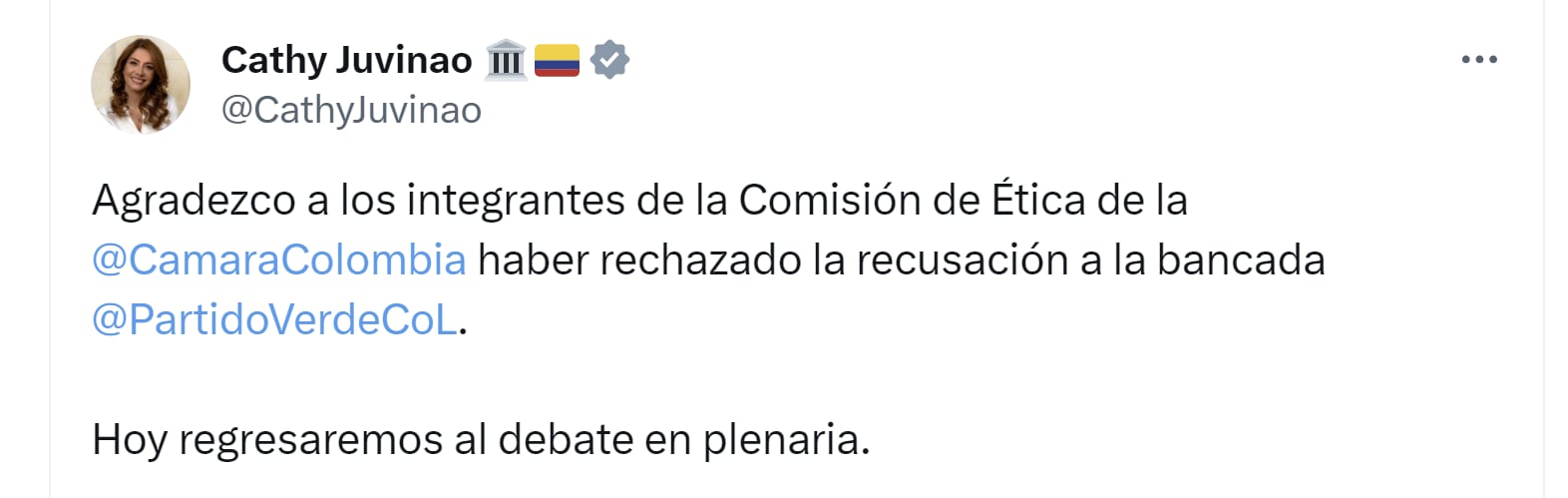 Catherine Juvinao celebró poder volver al debate de la reforma a la salud - crédito X