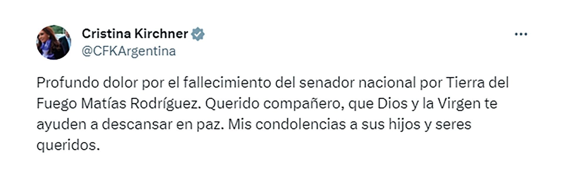 El mensaje de Cristina Kirchner por la muerte del senador 