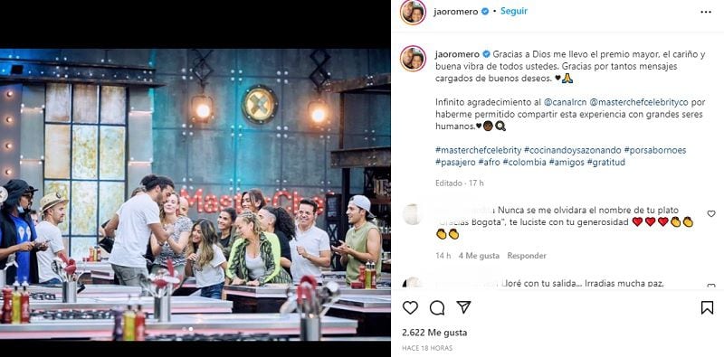 Jair Romero et son message après avoir été éliminé de MasterChef Celebrity Colombia 2022. Photo : Instagram @jaoromero