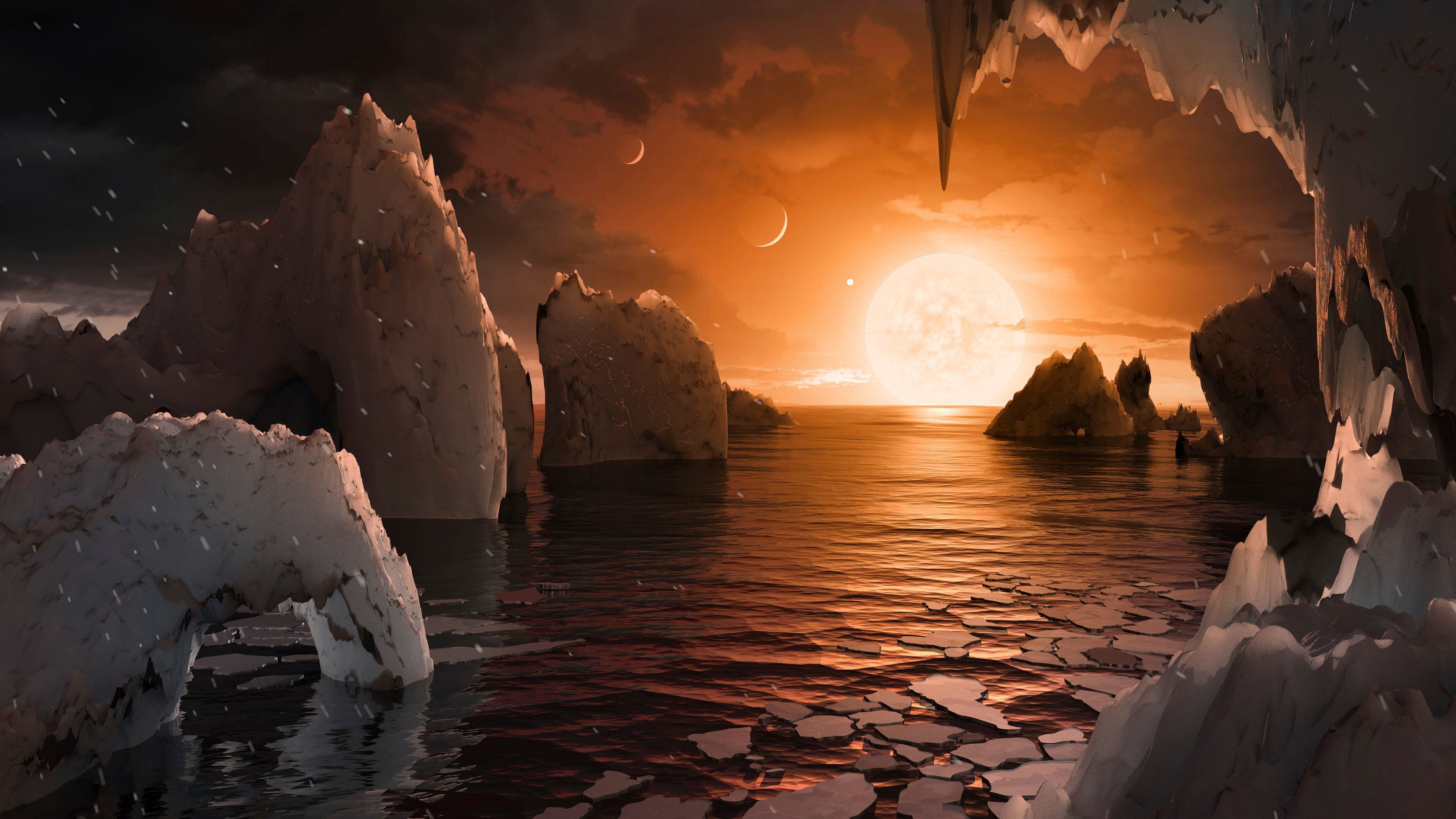 Imagen de un artista proporcionada de NASA/JPL-Caltech de cómo podría ser la superficie del exoplaneta TRAPPIST-1f, según datos disponibles sobre su diámetro, masa y distancia de la estrella que orbita. (NASA/JPL-Caltech vía AP)