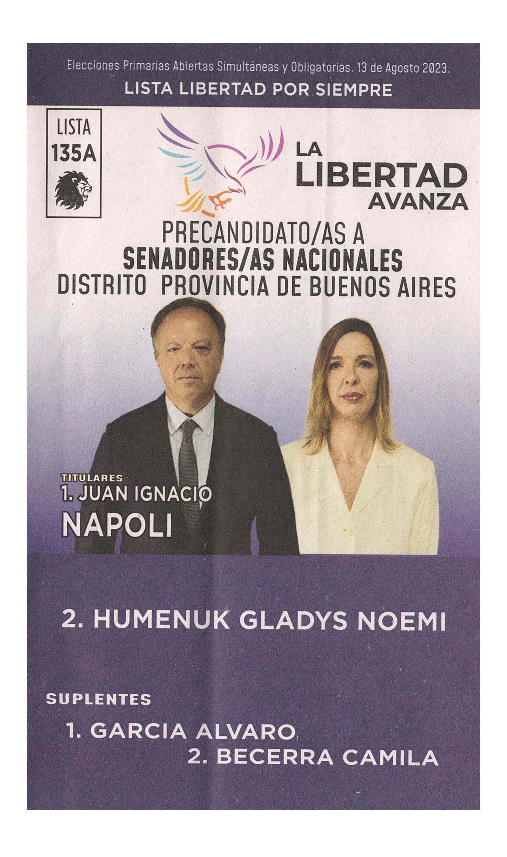 La boleta oficial de La Libertad Avanza de precandidatos a senadores nacionales de Buenos Aires