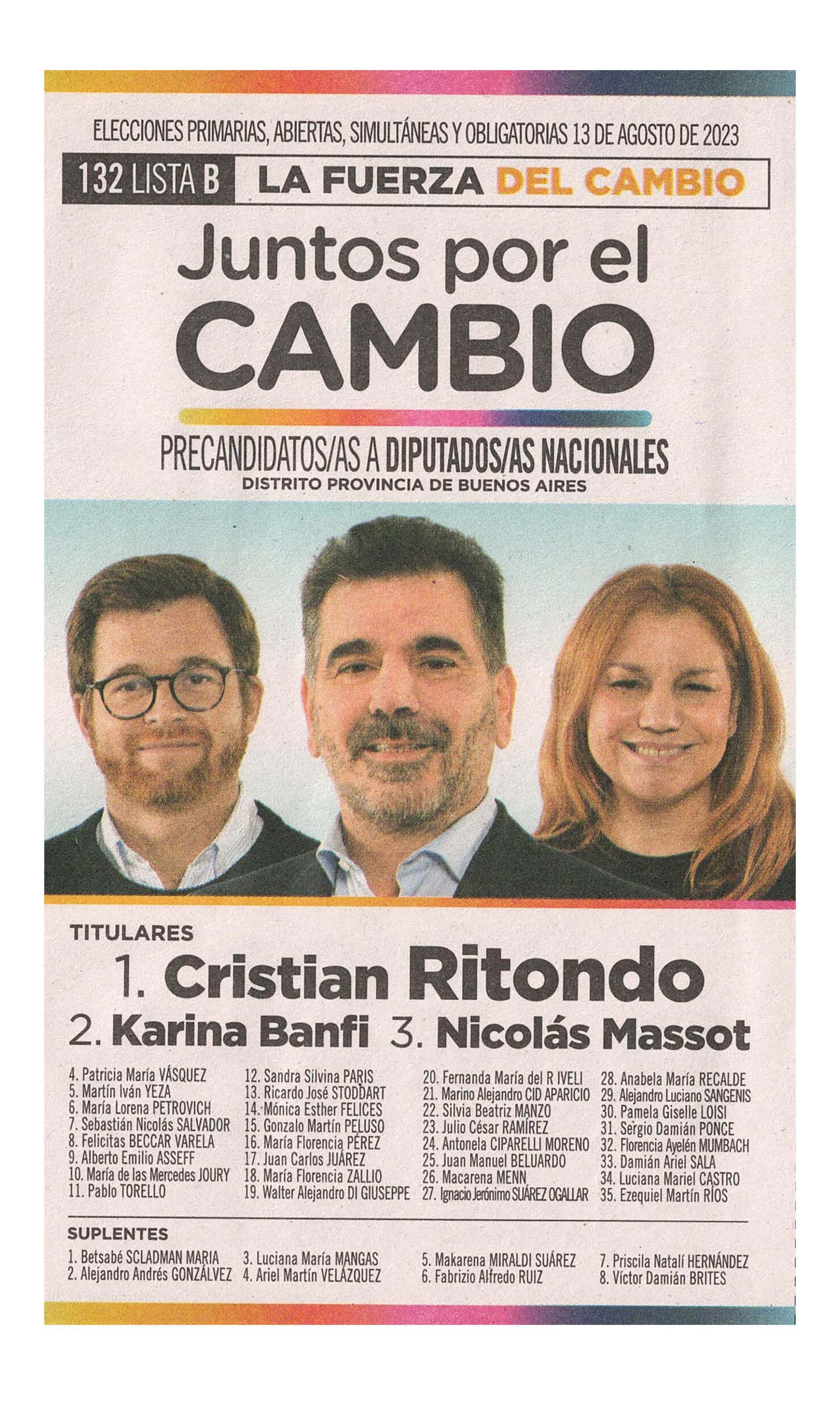 La boleta oficial de Cristian Ritondo de precandidatos a diputados nacionales en Buenos Aires