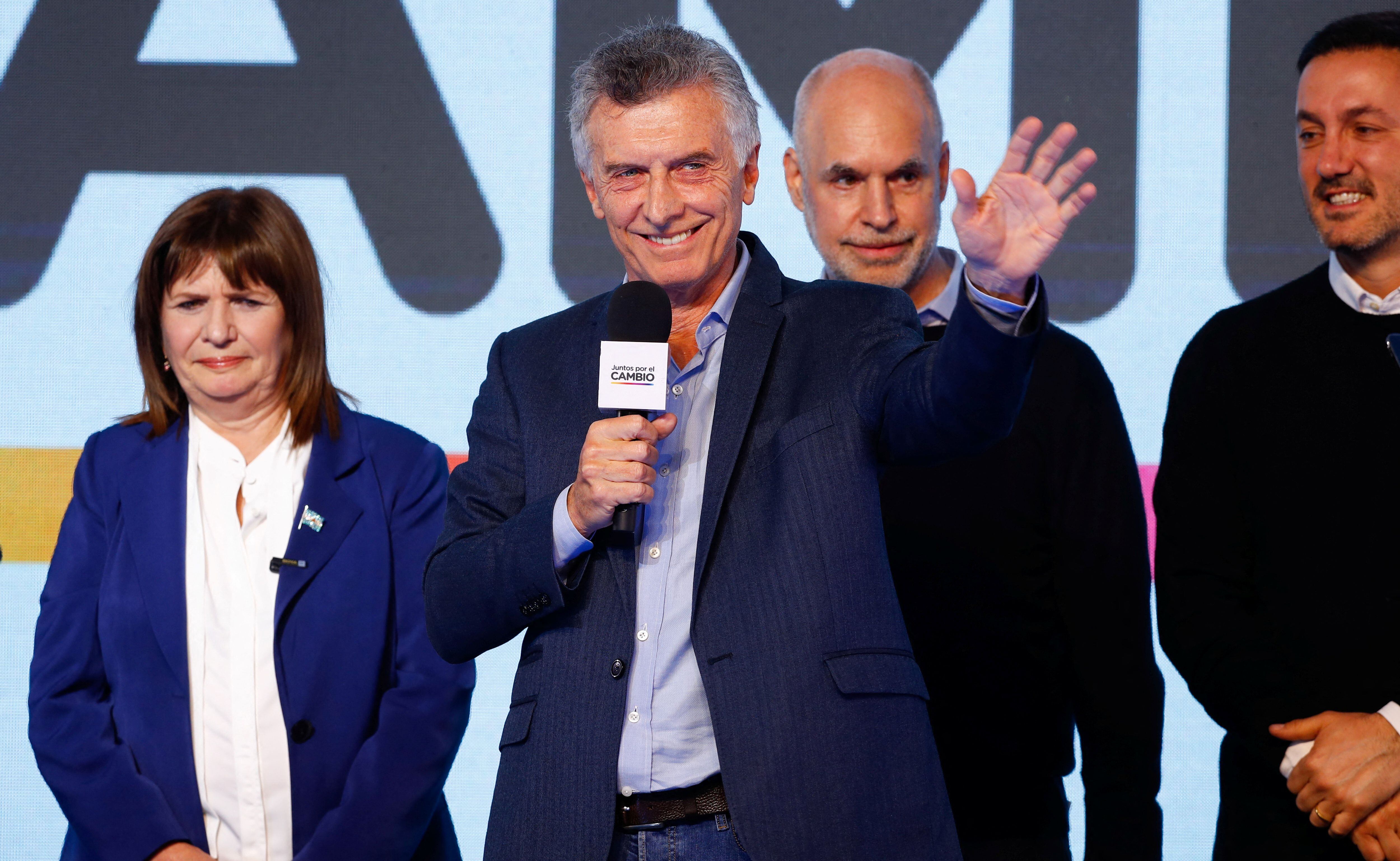 El ex presidente Mauricio Macri en el búnker de Juntos por el Cambio el día que Patricia Bullrich se impuso a Horacio Rodríguez Larreta en las PASO 2023 (Reuters/Agustín Marcarian)