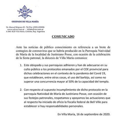 El comunicado del Obispado de Villa María