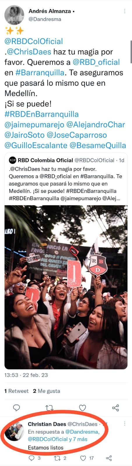 Christian Daes responde etiquetas en Twitter e ilusiona a los barranquilleros con  posible concierto de RBD. / Foto @Dandresma