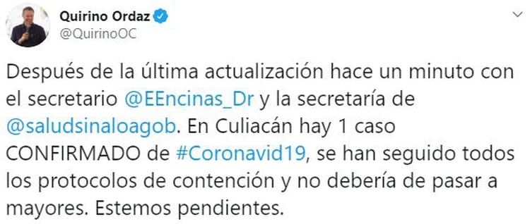 El gobernador de Sinaloa confirmó un caso de coronavirus (Foto: Twitter/QuirinoOC)