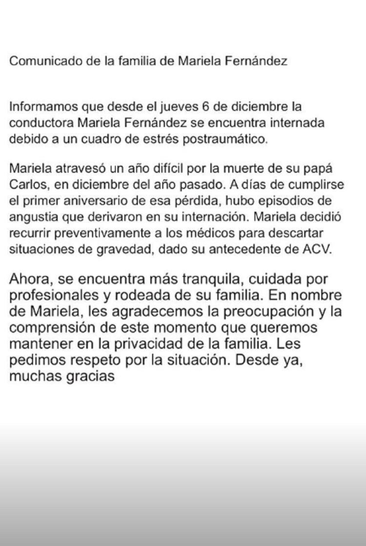 El comunicado de la familia de Mariela Fernandez en las redes sociales