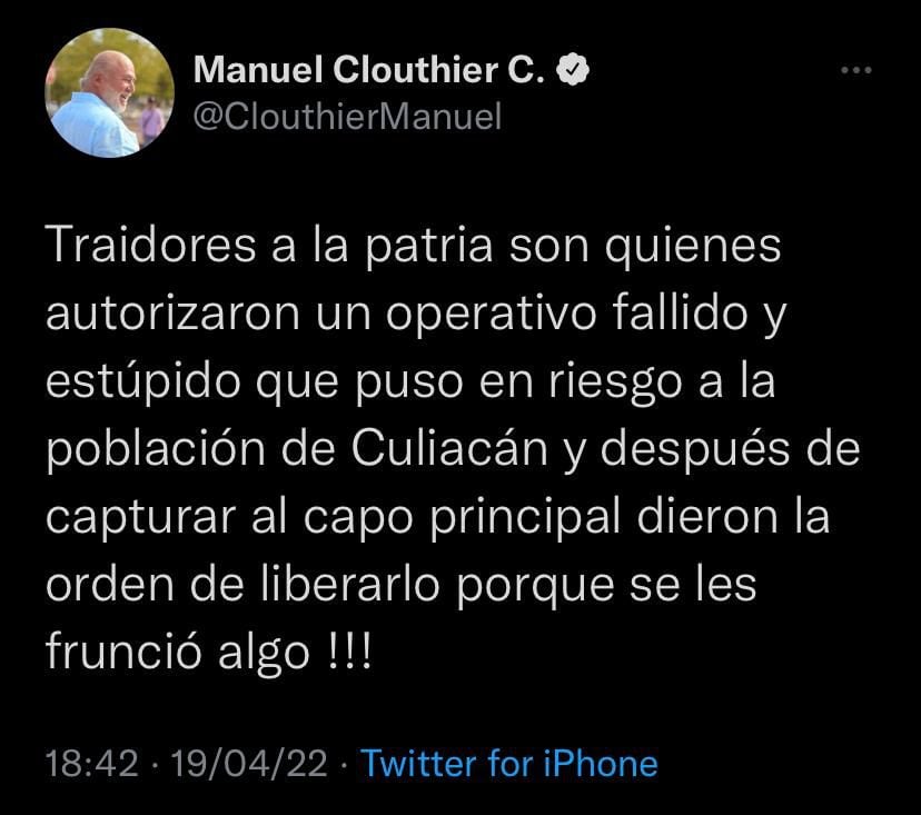 Manuel Clouthier recordó el "Culiacanazo" (Foto: Twitter/@ClouthierManuel)