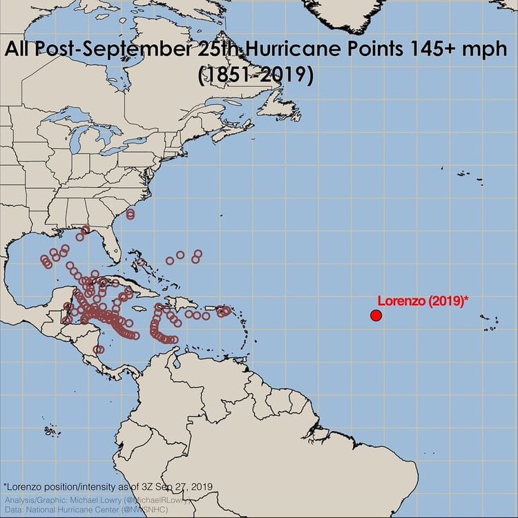 La comparación de la ubicación del huracán Lorenzo, en el este del Atlántico, en relación a las anteriores tormentas de la temporada (@MichaelRLowry)