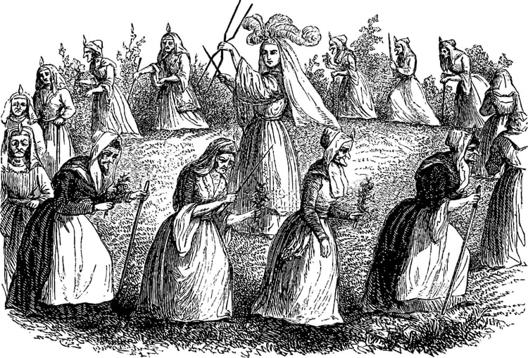 Demons are having enjoy on holly mass in the sabbath great company, vintage engraved line art illustration. Infernal Dictionary 1863.