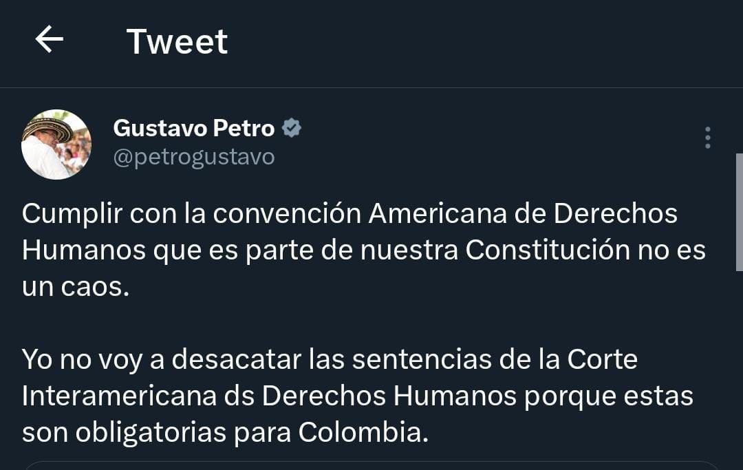 A través de Twitter, el presidente volvió a referirse al cumplimiento de la Corte IDH y la Convención Americana de Derechos Humanos. Foto: 
Twitter (@petrogustavo)