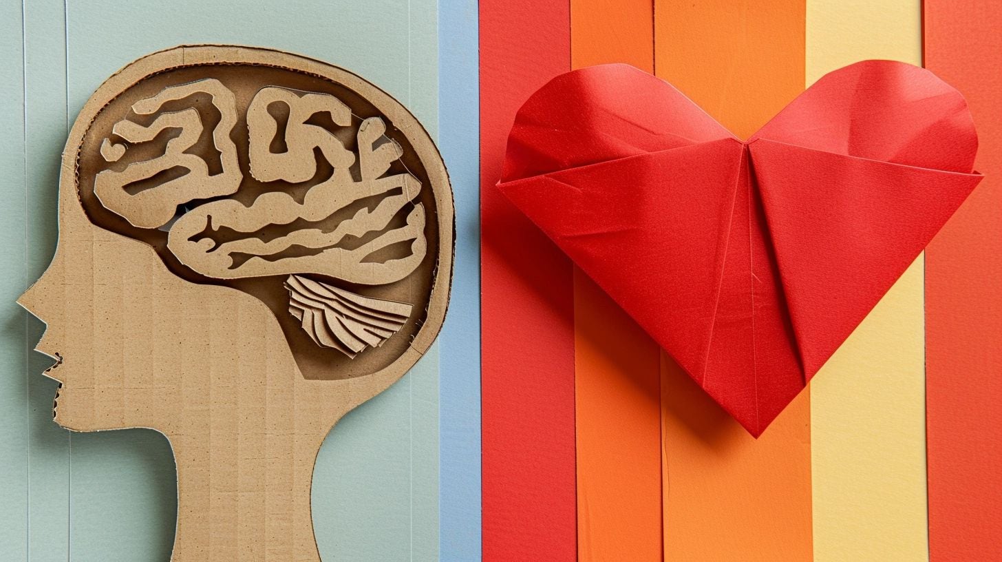 Ilustración artística de una silueta humana con un cerebro fabricado de cartón y un corazón hecho de papel doblado, representando la complejidad de la salud mental, la psicología, la conexión entre pensamientos y sentimientos, y la profundidad del amor y las emociones humanas. (Imagen ilustrativa Infobae)