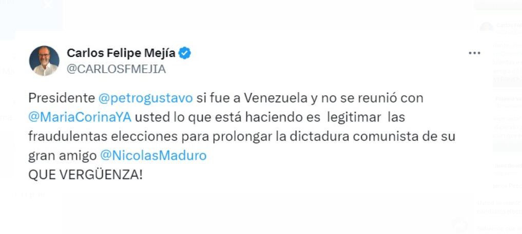 El exsenador Carlos Felipe Mejía señaló que Petro no podía decir que se había reunido con el sector de la oposición de Venezuela si no se había reunido con María Corina Machado - crédito @CARLOSFMEJIA/X