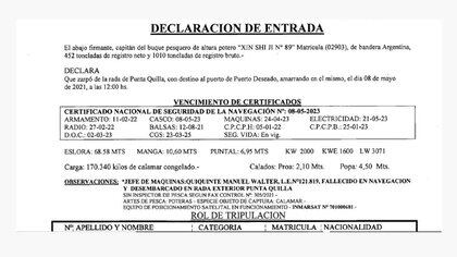 Declaracin de entrada del pesquero Xin Shi Ji 89, en la que consta el fallecimiento del Jefe de Mquinas, el pasado 8 de mayo