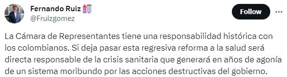 Fernando Ruiz lanzó nuevas críticas hacia la reforma a la salud- crédito @Fruizgomez/X
